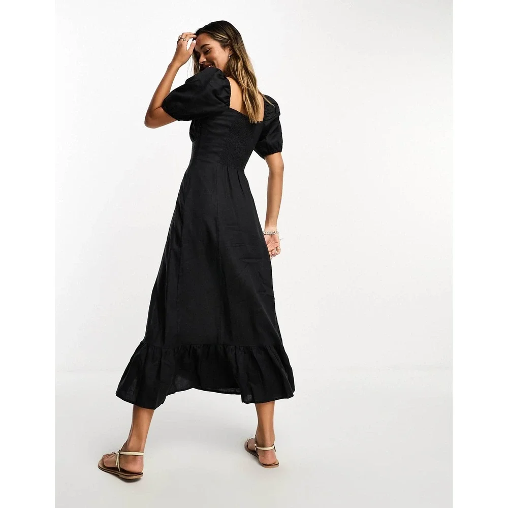 & Other Stories Black Linen Blend Puff Sleeve Midi Dress with Slit Size 4 - Picture 2 of 9